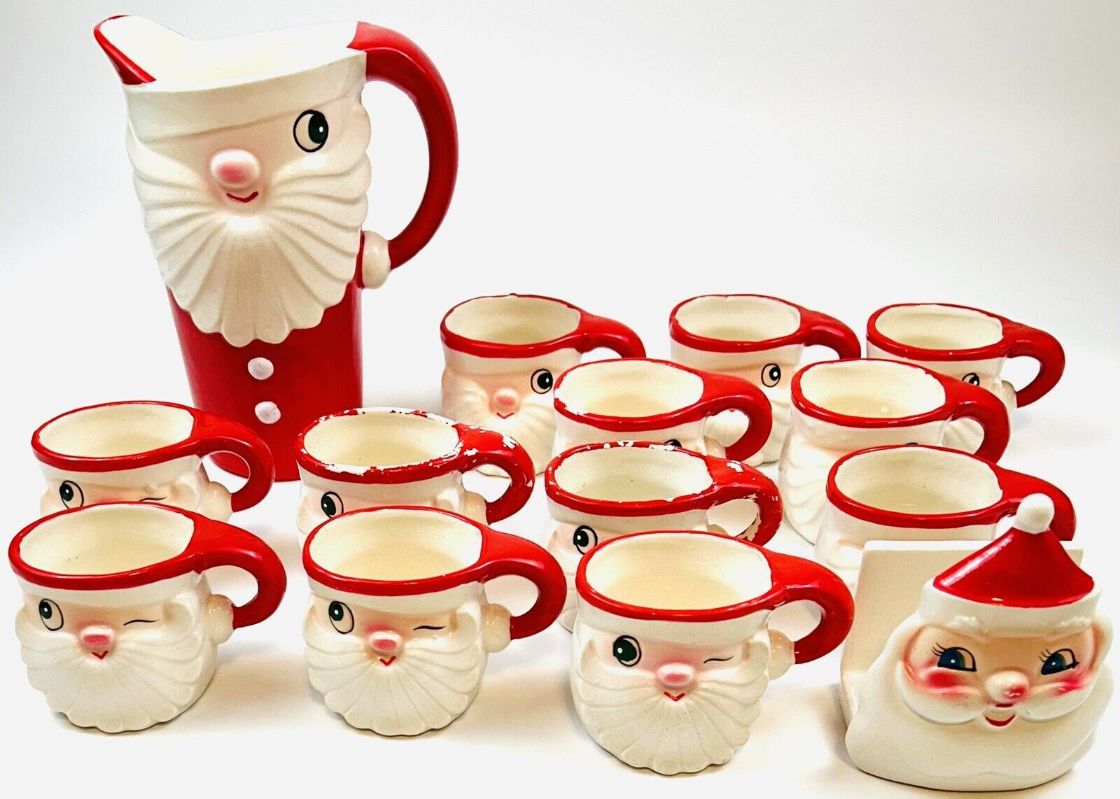 🔥Vintage Holt Howard Christmas Winking Santa Pitcher + 12 Mugs 1959 Napkin Rare