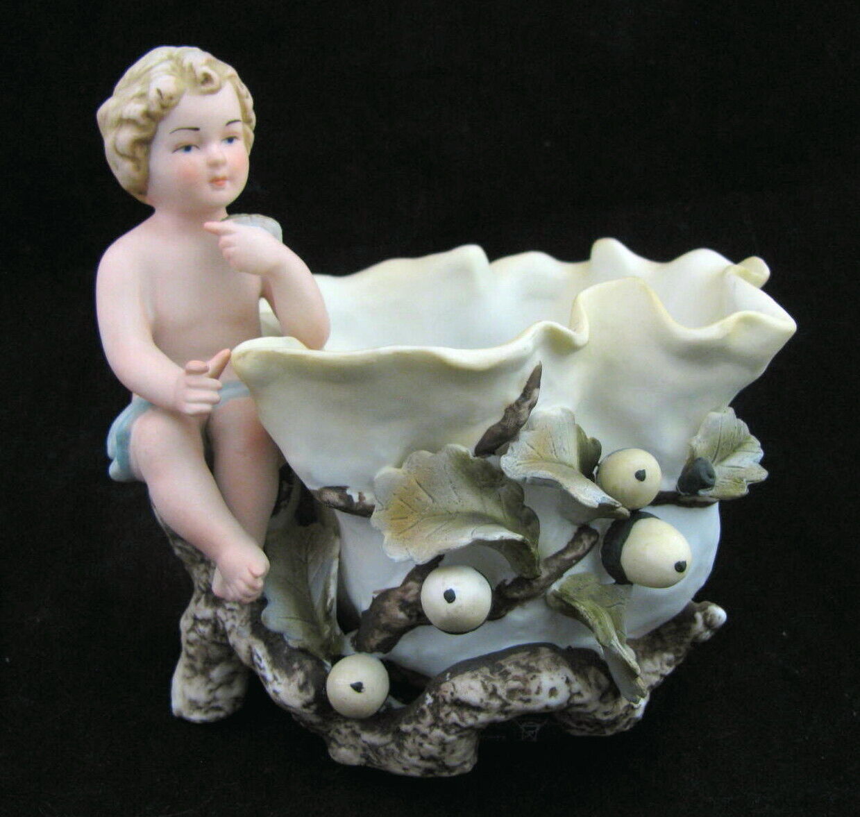 Vtg Lefton Cherub Child Bisque Planter Vase Figurine Dish Acorn Oak Tree KW3078A