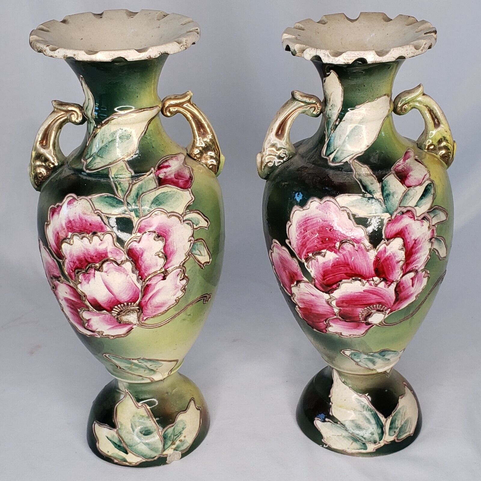 Victorian Hand Painted Porcelain Floral Vase Pair 