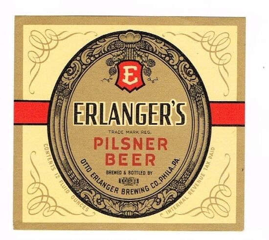 1940s PENNSYLVANIA Erlanger\'s Pilsner Beer 12oz label Tavern Trove Philadelphia