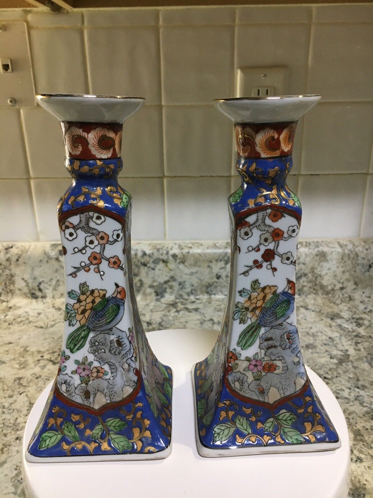 Pair of Vintage Chinese Candlestick Holders Porcelain Flower and Bird Design 
