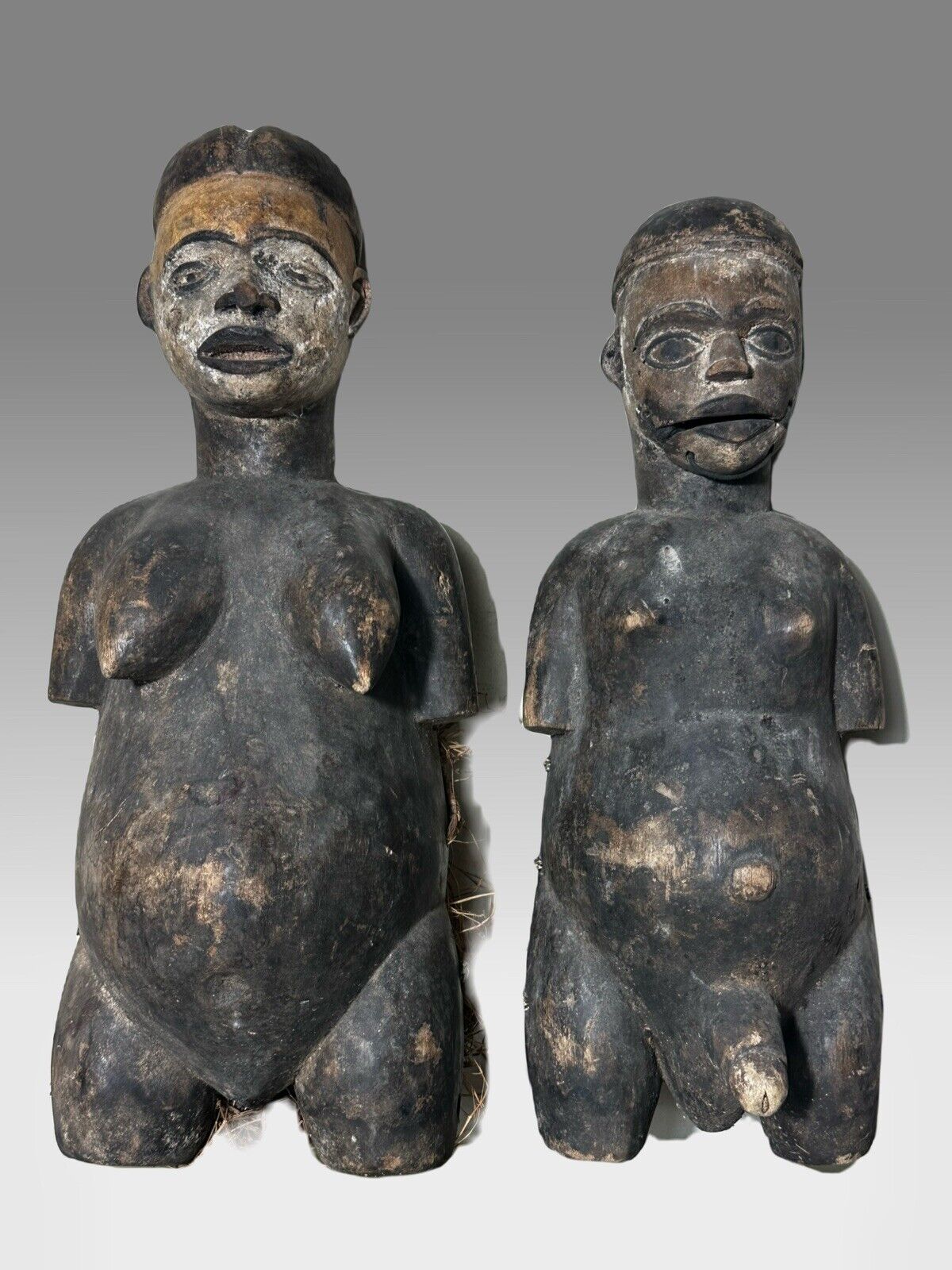 African Ogoni Pair of Body Mask w/ Raffia, female 18” +male 17” *See description