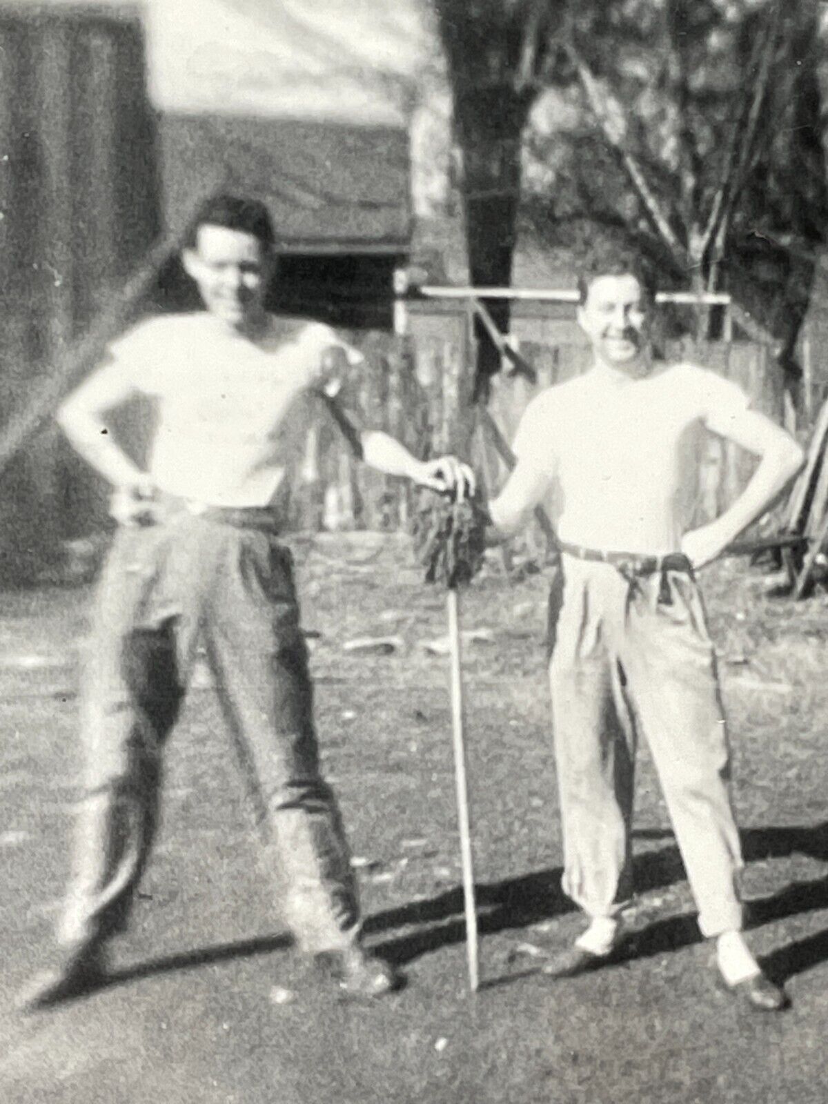 TF Photograph 1947 Handsome Men Outside Posing Holding Mop 