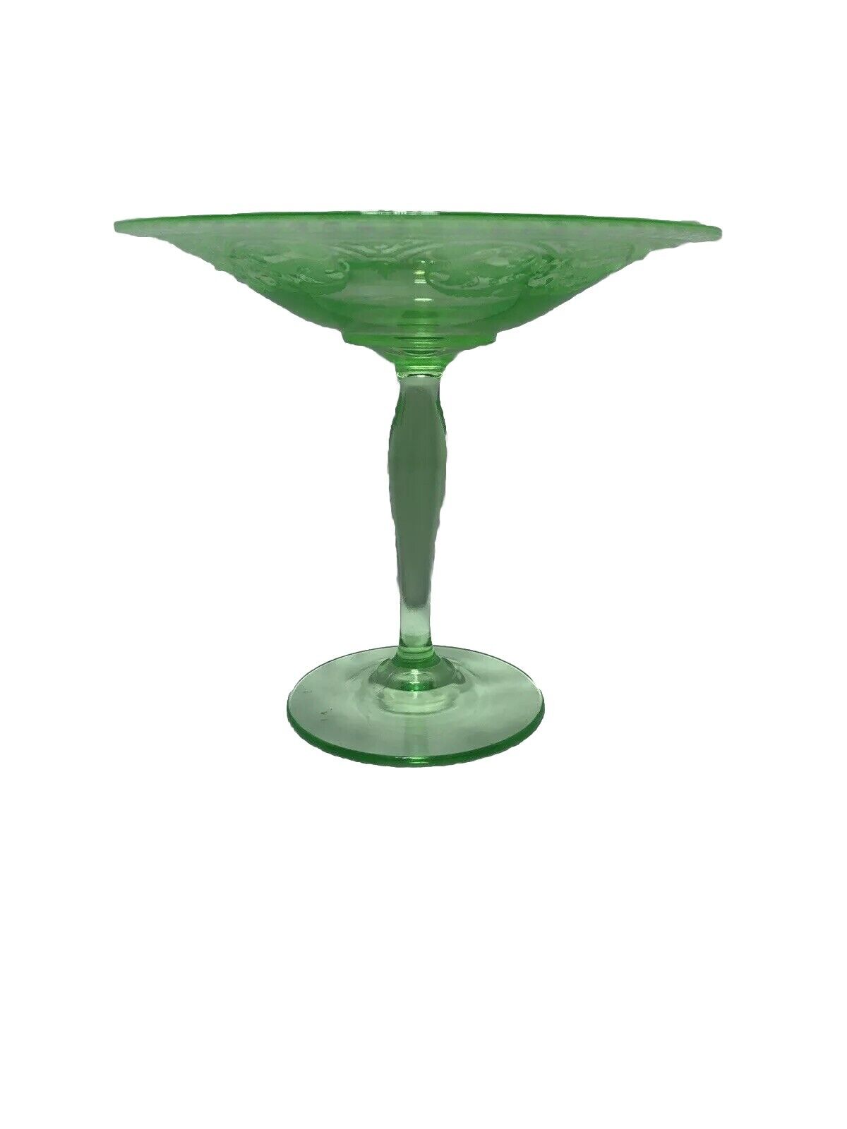 Vintage Green Depression Uranium Glass Tall Pedestal Etched Compote Dish 6.5”