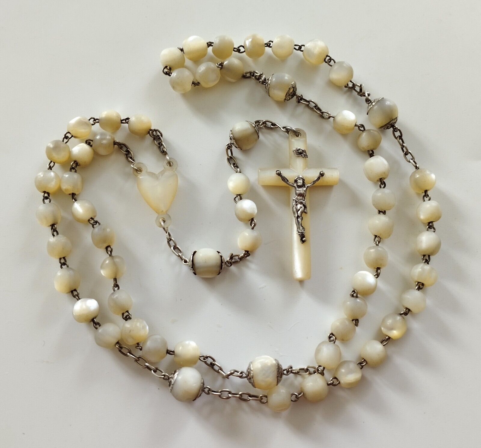 Mama-Estelle Antique Long Rosary Silver 59 Large Beads Of Mother-of-Pearl