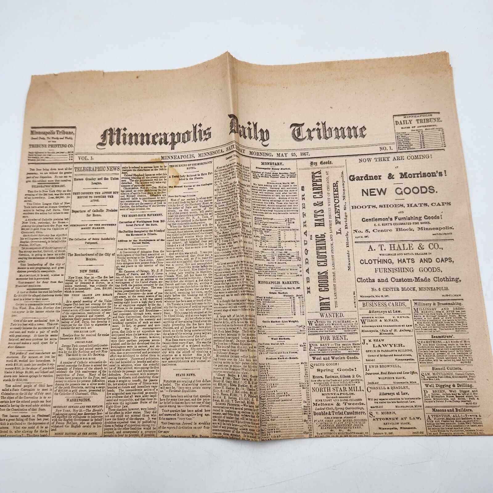 Antique May 25, 1867 Original Newspaper Minneapolis Daily Tribune FIRST ISSUE 