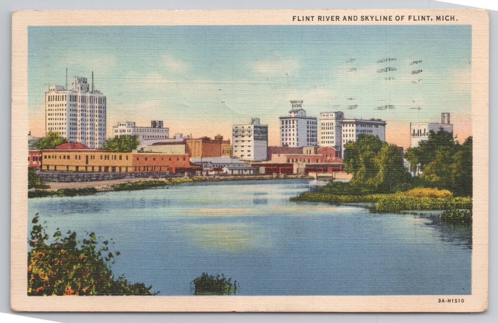 1940 Postcard Flint River Skyline Of Michigan Mi