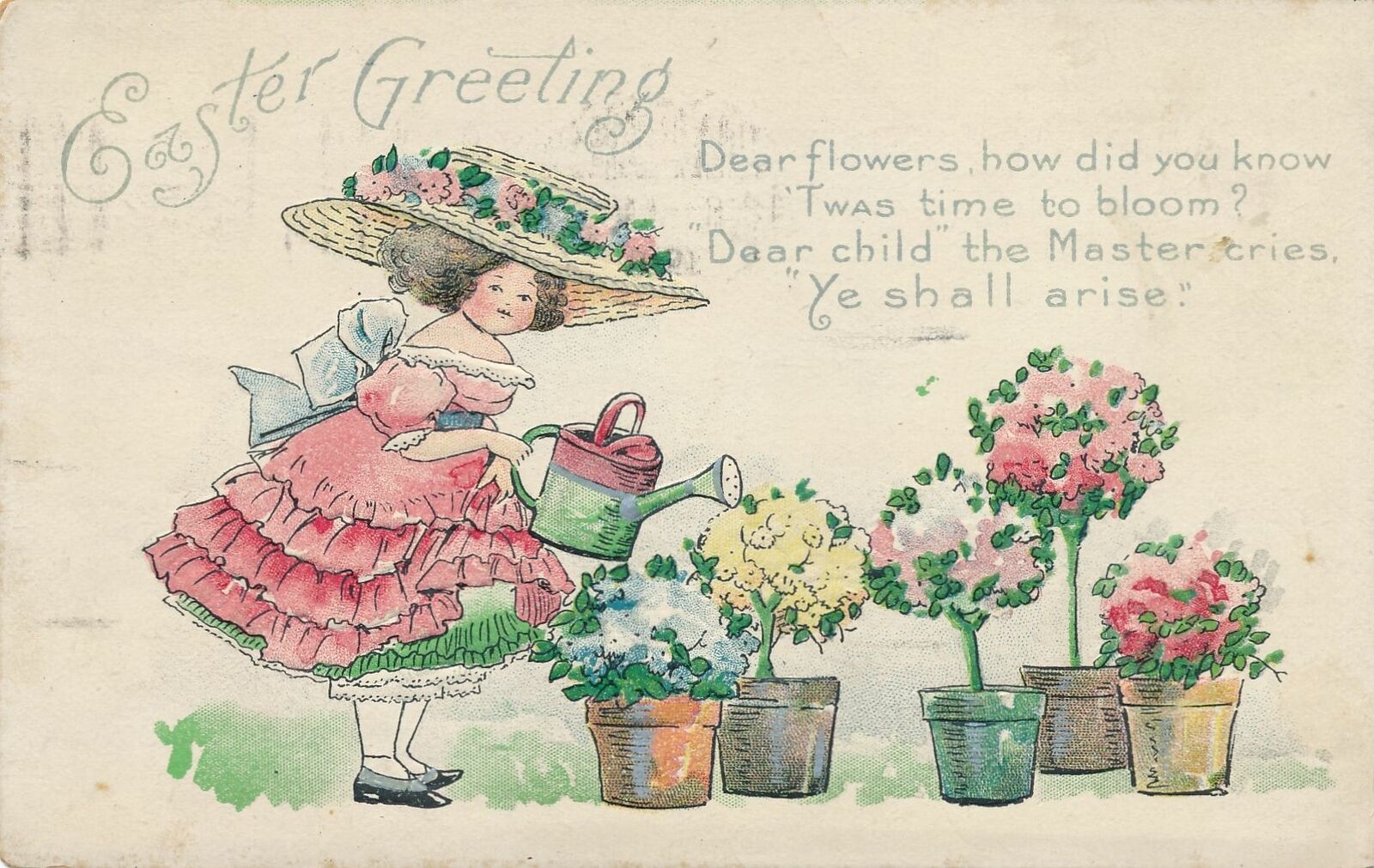 EASTER - Girl Watering Flowers Bertha Blodgett Postcard - 1910