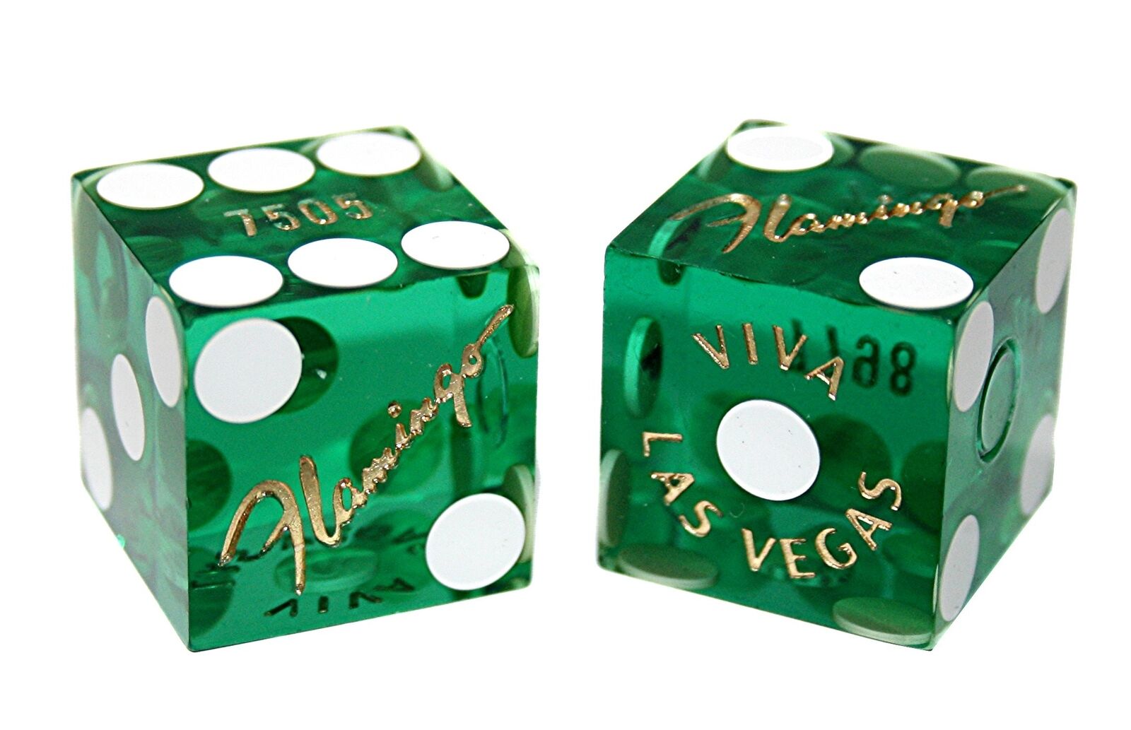 Authentic Flamingo Las Vegas Casino Craps Dice Green Polished Mixed Serial #s