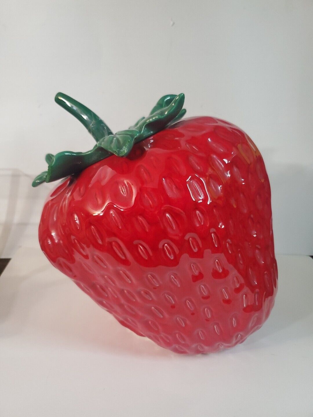 VTG Holiday Designs Tilting Strawberry Cookie Jar Red W Green Stem Lid USA