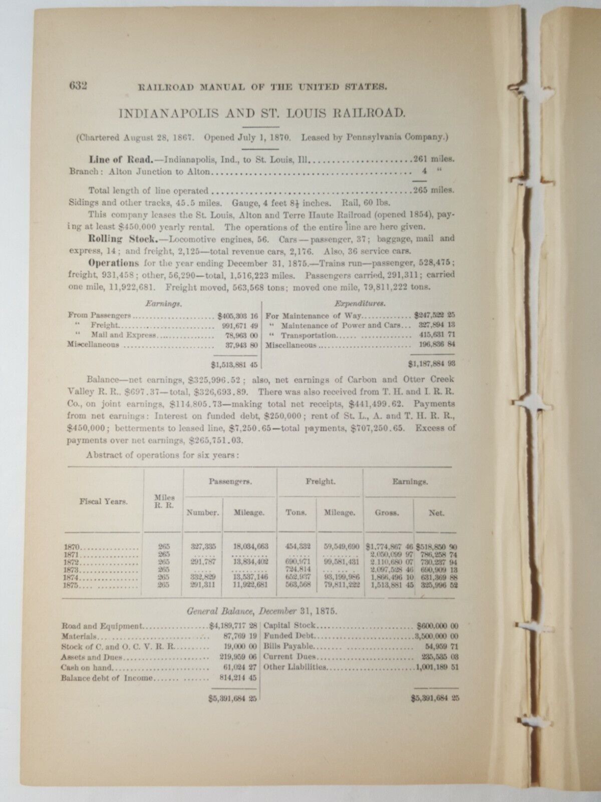 1877 train report INDIANAPOLIS & ST LOUIS RAILROAD vintage paper