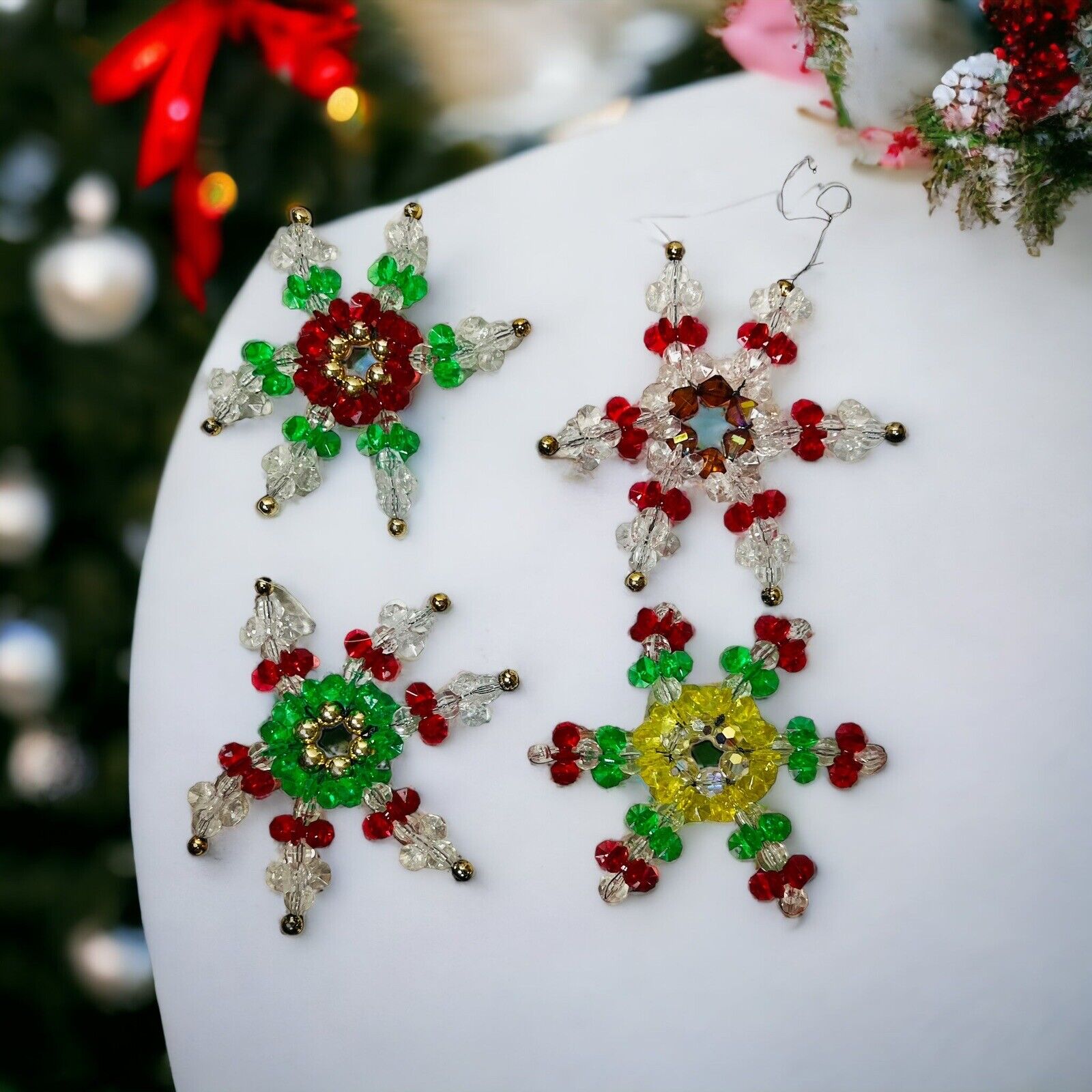 Vintage Mid Century Lot Of 4 Plastic Handmade Beaded Christmas Ornaments