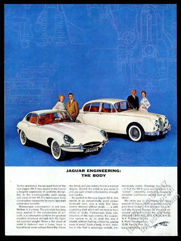 1962 Jaguar XKE XK-E coupe and sedan white cars photo vintage print ad
