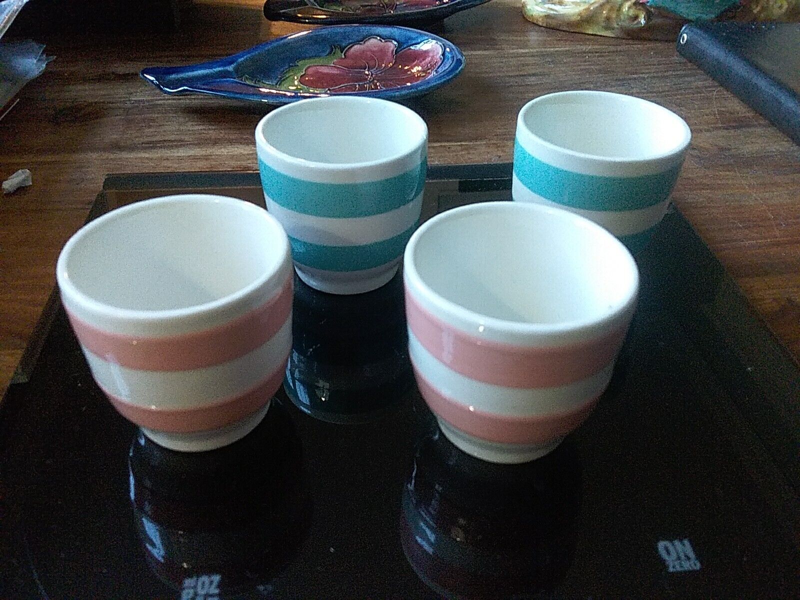 Vintage rare Carrigaline Ireland Pottery Colleen 4 Eggcups Striped Pink & Blue