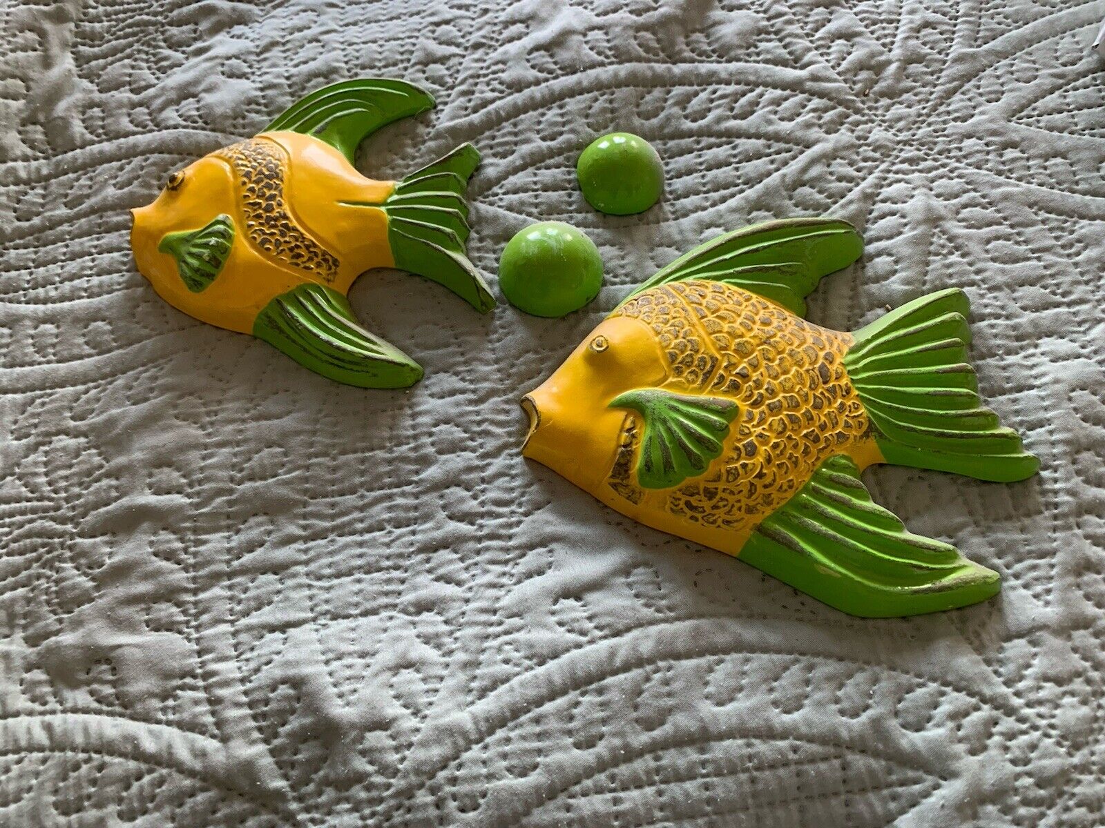 Vintage Yellow & Green Studio Unglazed Chalkware Fish With Bubbles Wall Hangings