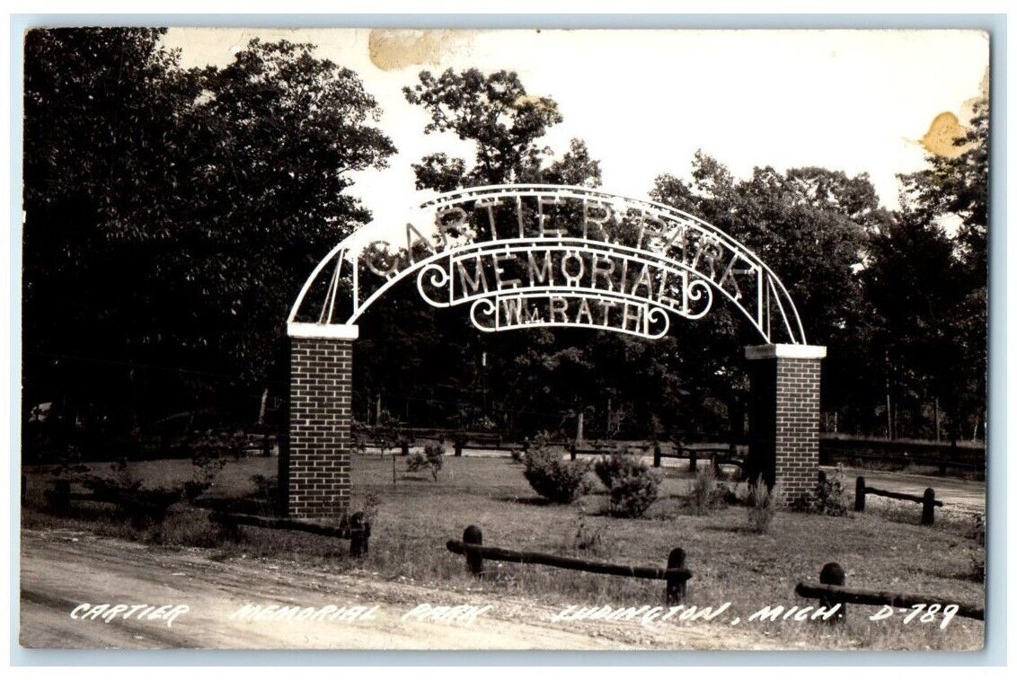 1942 Cartier Memorial Park Gate View Ludington MI RPPC Photo Posted Postcard