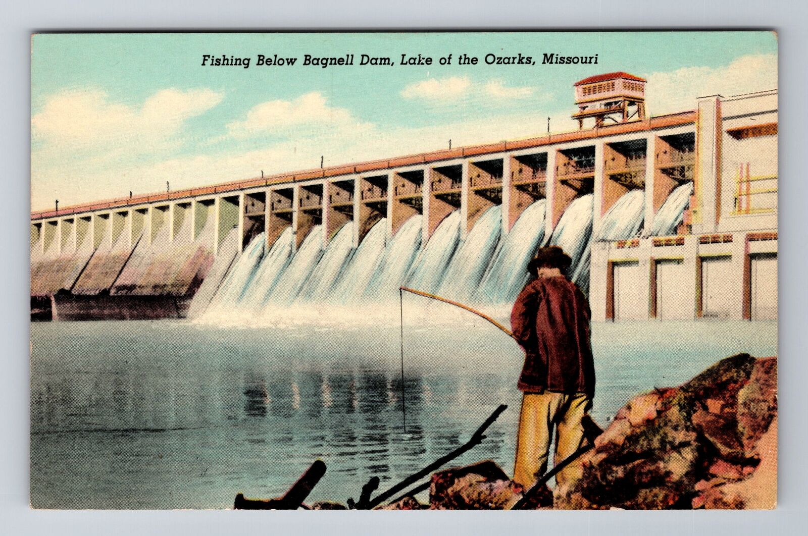 Ozarks MO- Missouri, Fishing Below Bagnell Dam, Antique, Vintage c1952 Postcard
