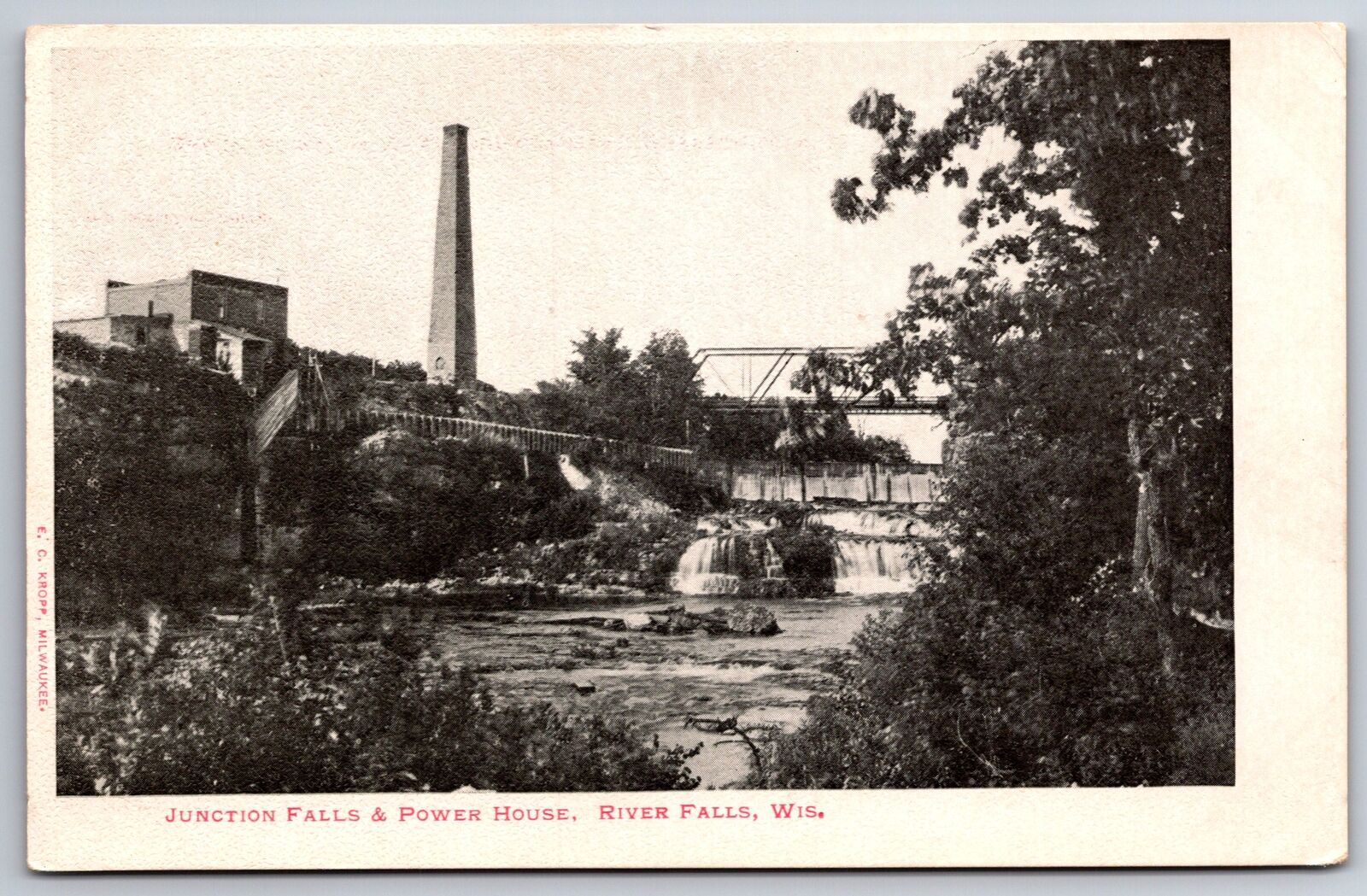River Falls Wisconsin~Junction Falls & Power House~Bridge in Background~c1905 PC