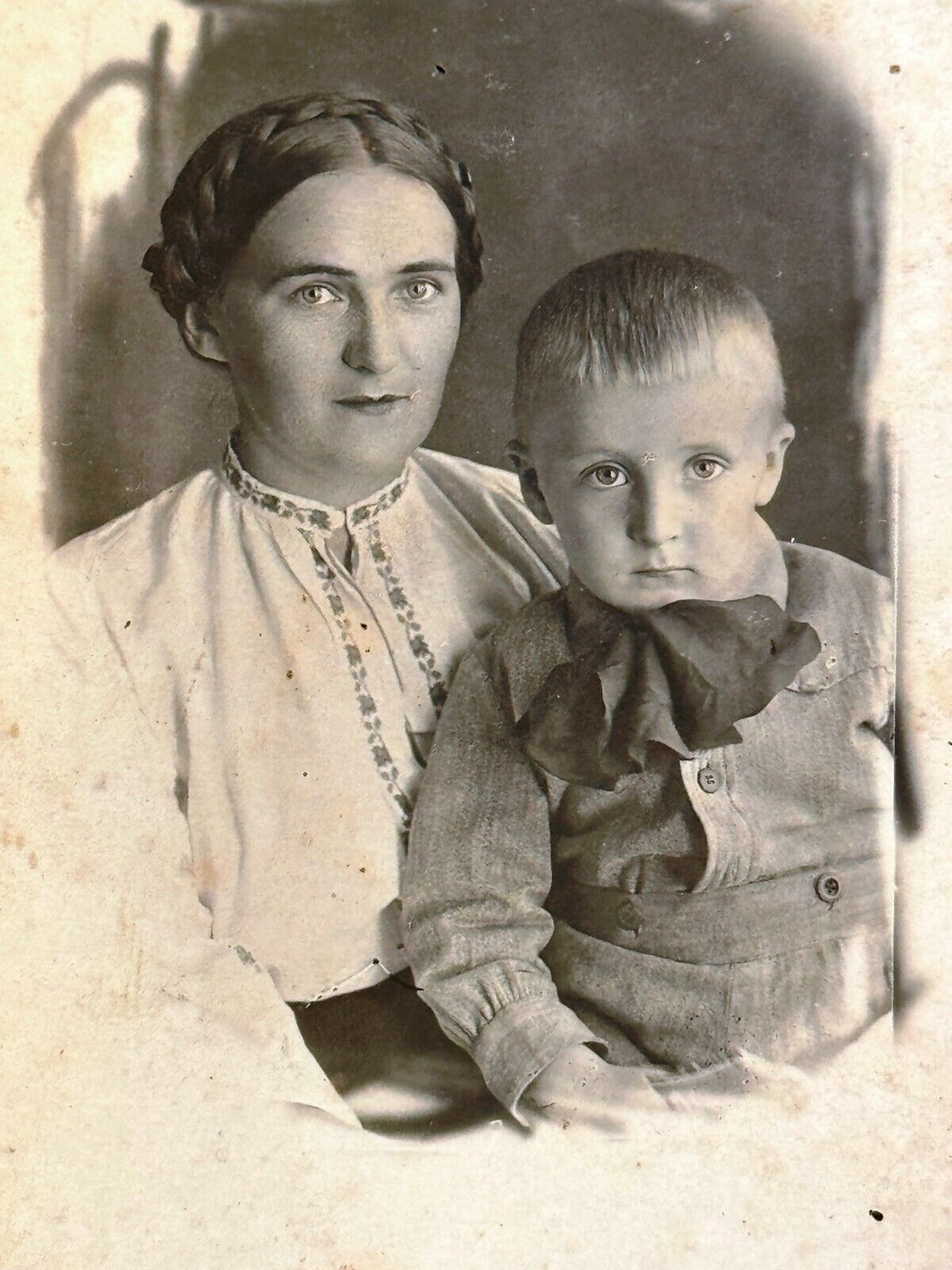 1940s Vintage Photo Ukrainian Family Mom Son Woman Child Antique Portrait