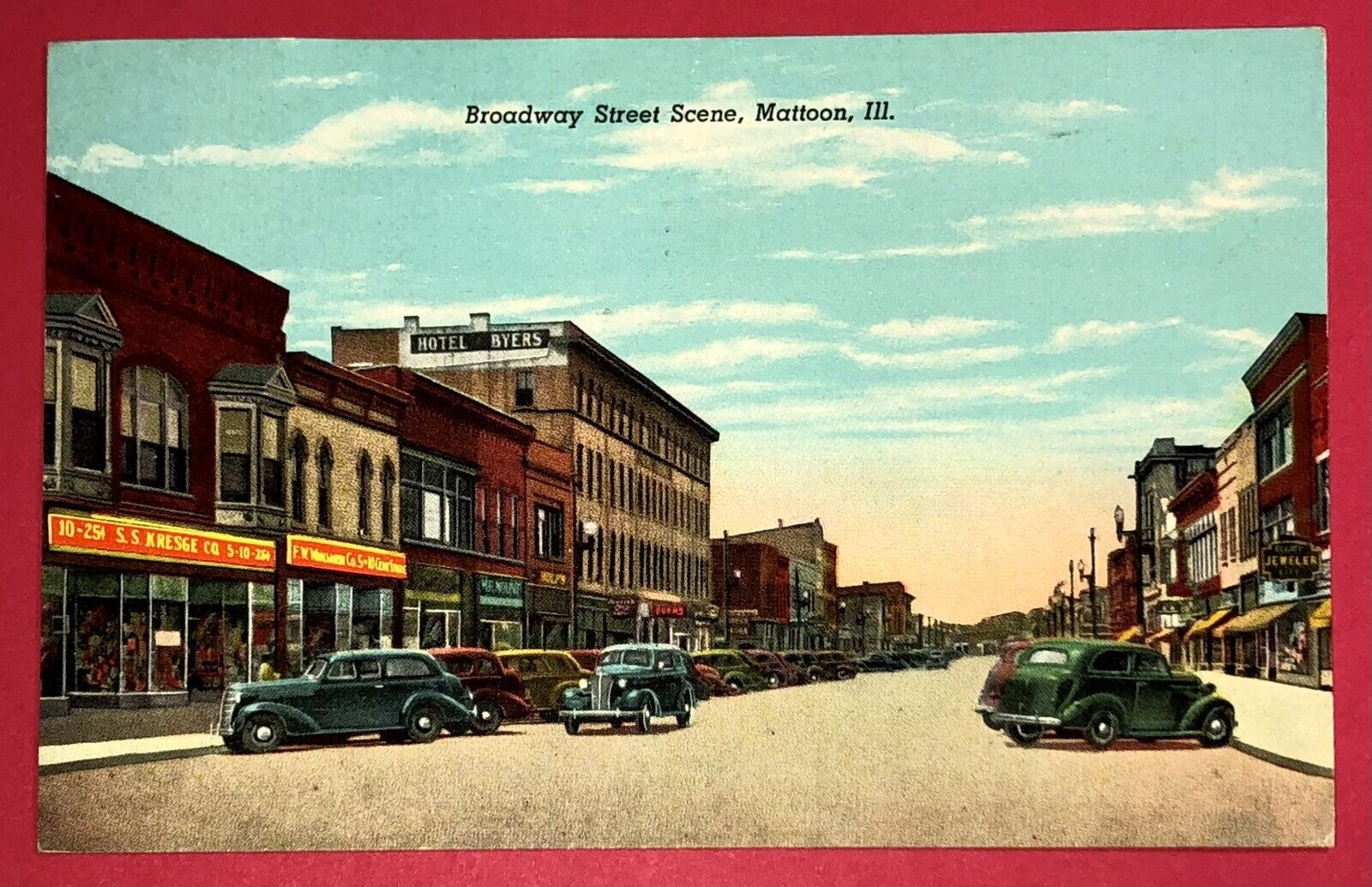 Postcard Mattoon Illinois Broadway Street View SS Kresge Cars Stores