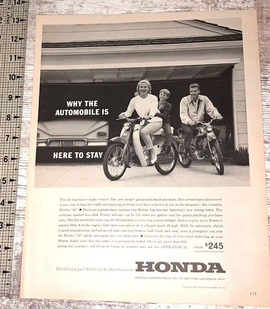 1963 Honda 50 Vintage Print Ad Fun Family Mother Father Son Motorcycle Scooter