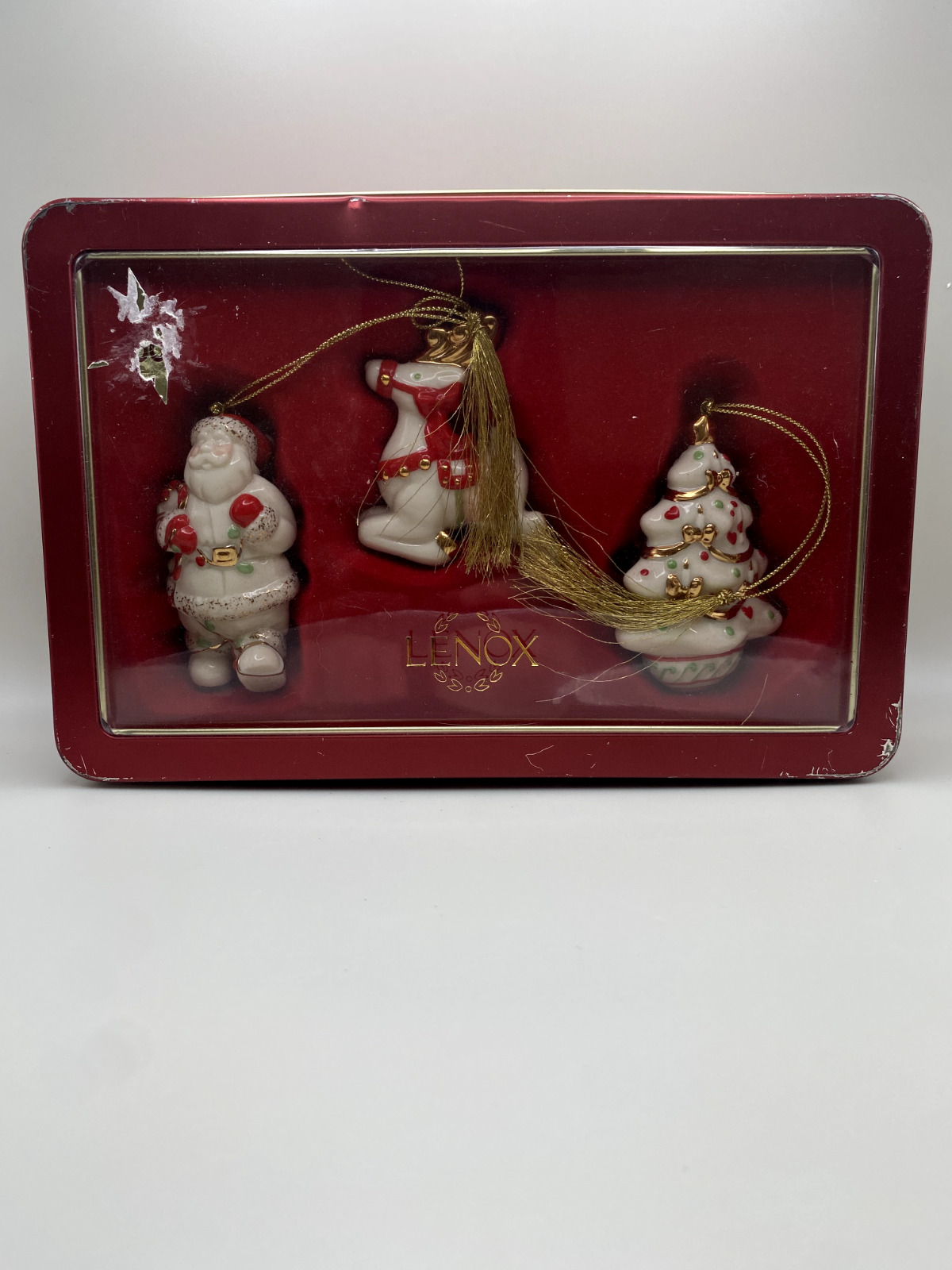 24K Lenox Porcelain China Tin Box Set Christmas Ornament Santa, Reindeer, Tree
