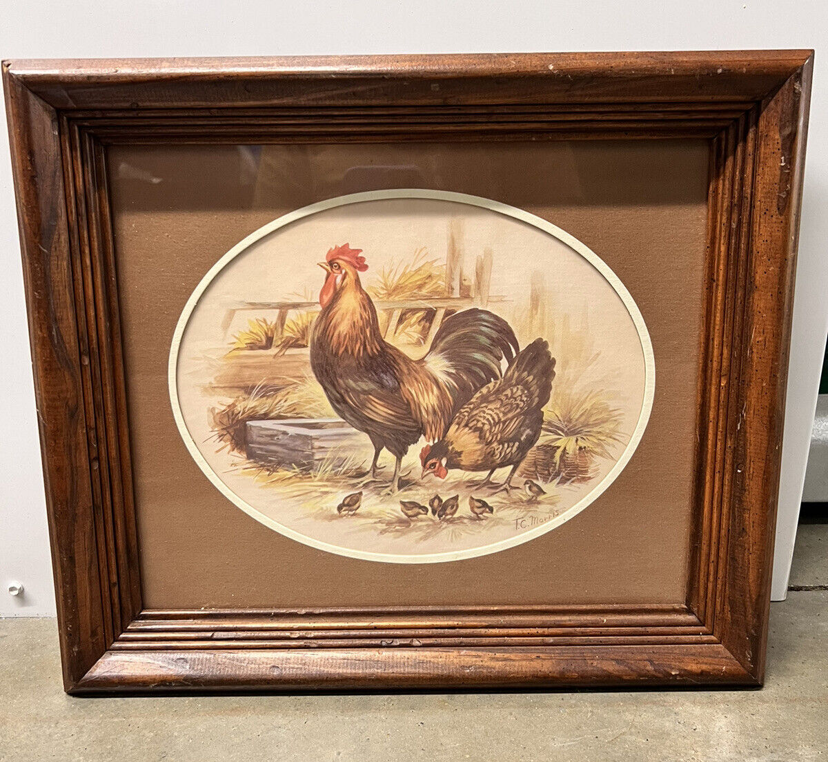 Vintage Rooster, Hen and baby chicks Picture Framed Matted 14.5 x 12.5