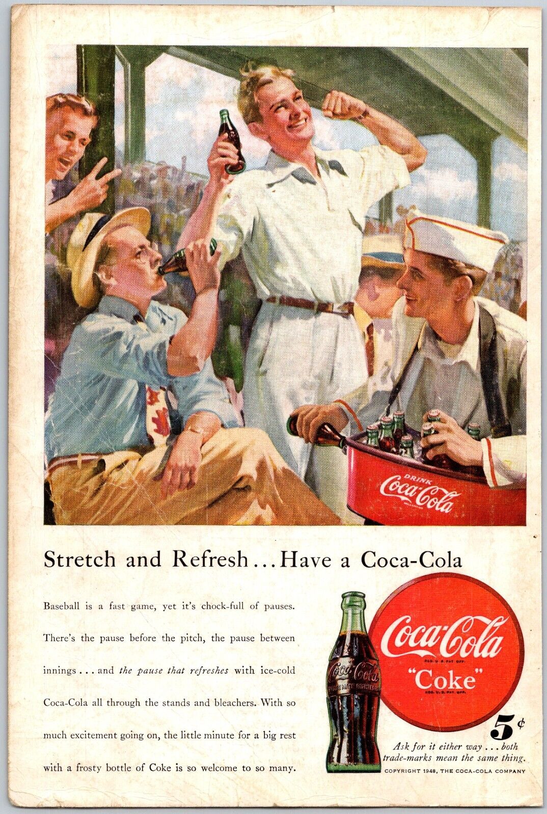PRINT AD 1948 Coca Cola Coke Stretch and Refresh Baseball Game 6.75\