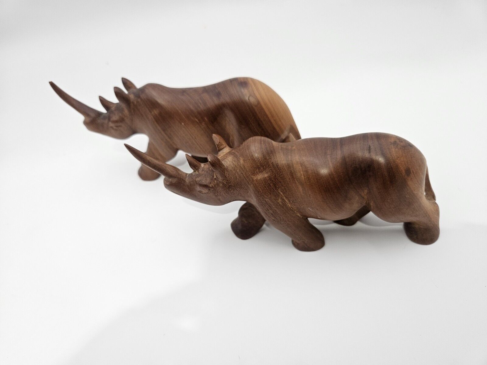 2 Vintage  Hand Carved Wooden Rhinos Beautiful Wood Grain