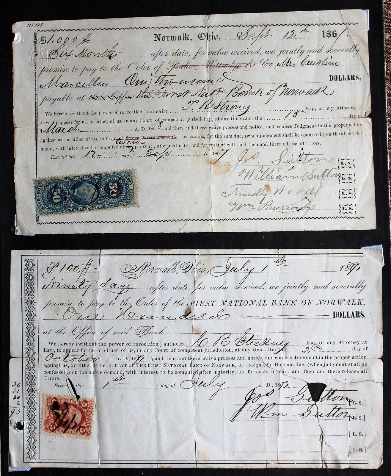 2 Norwalk, Ohio Promissory Notes (1 from 1867 & 1 from 1871) with IRS Stamps 