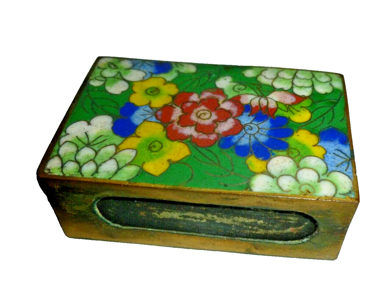 VINTAGE CLOISONNE ENAMEL FLORAL MATCH BOX HOLDER Brass Beautiful
