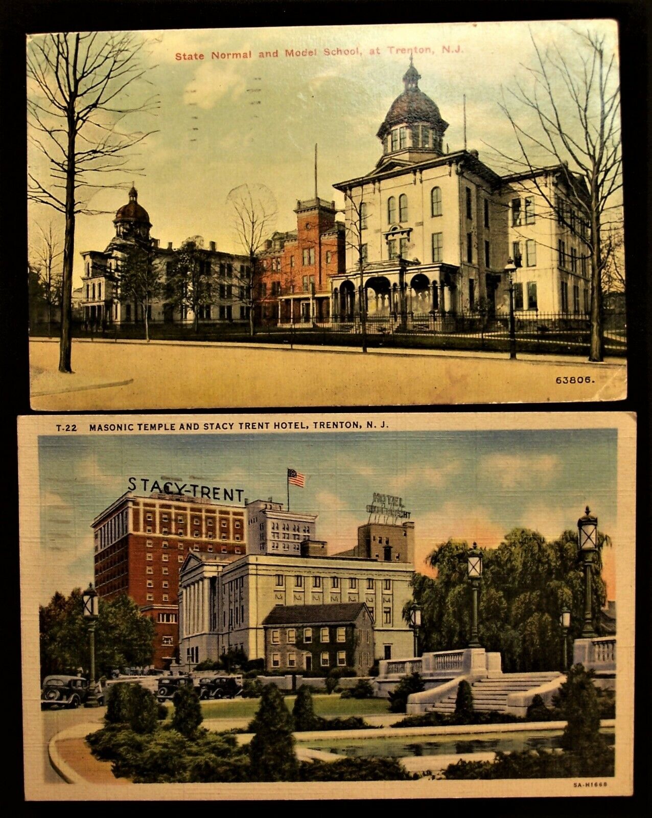 NJ Trenton 2 PCs State Normal and Model School 1910 / Masonic Temple 1947