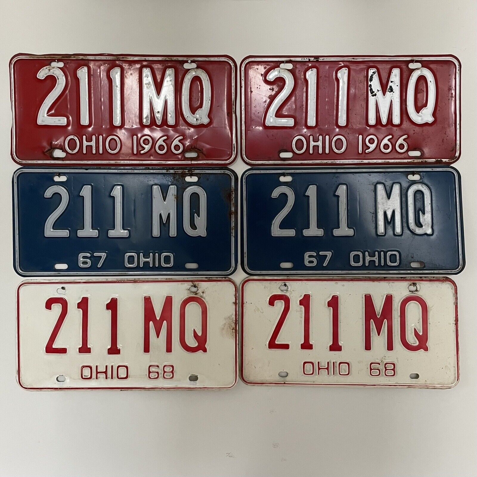 Red 1966 & Blue 1967 & White 1968 VTG Ohio License Plates; THREE Matching Pairs