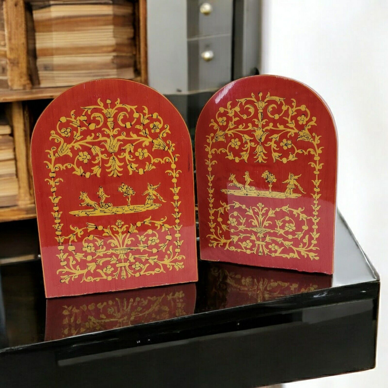 Vintage Inlaid Sorrento Italy Wood Work Folding Bookends Cherub Chariot Red