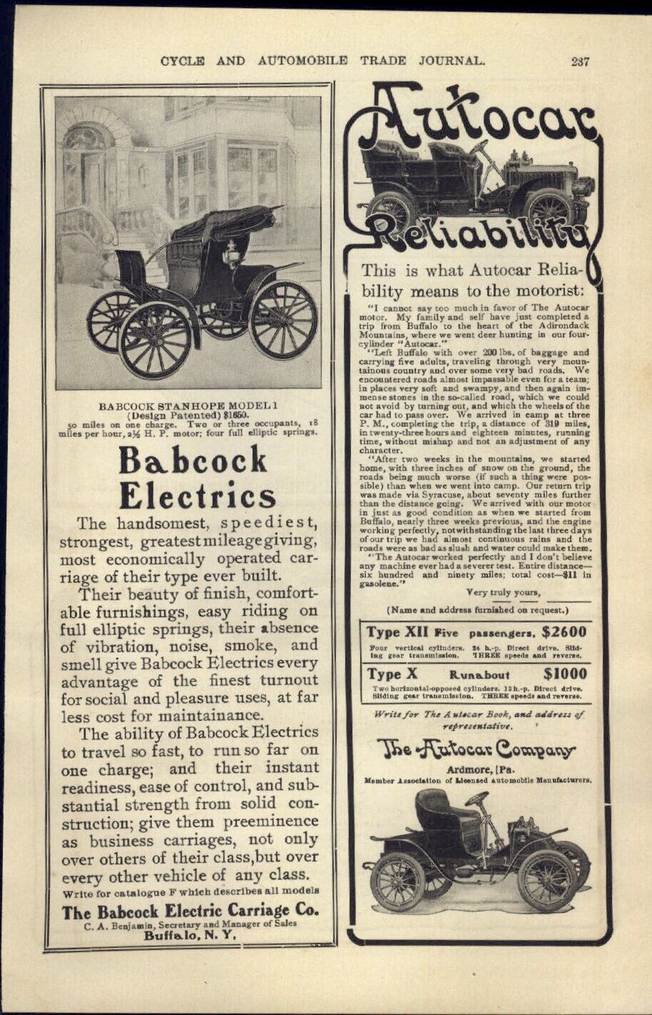 1906 PAPER AD CAR AUTO Babcock Electric Stanhope Autocar XII X Mora Ford Model K