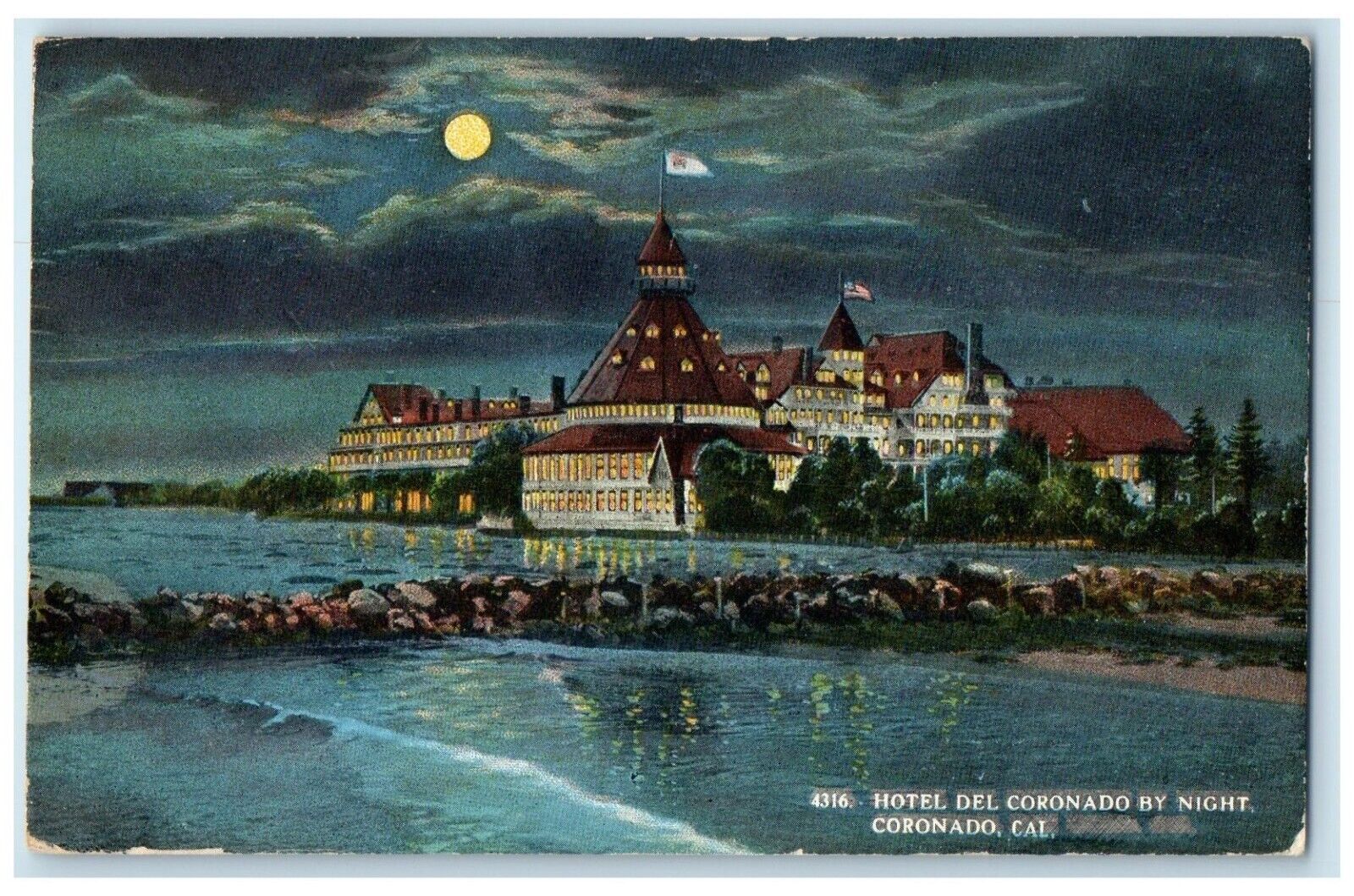 c1930's Hotel Del Coronado At Night Moon Coronado California CA Vintage Postcard