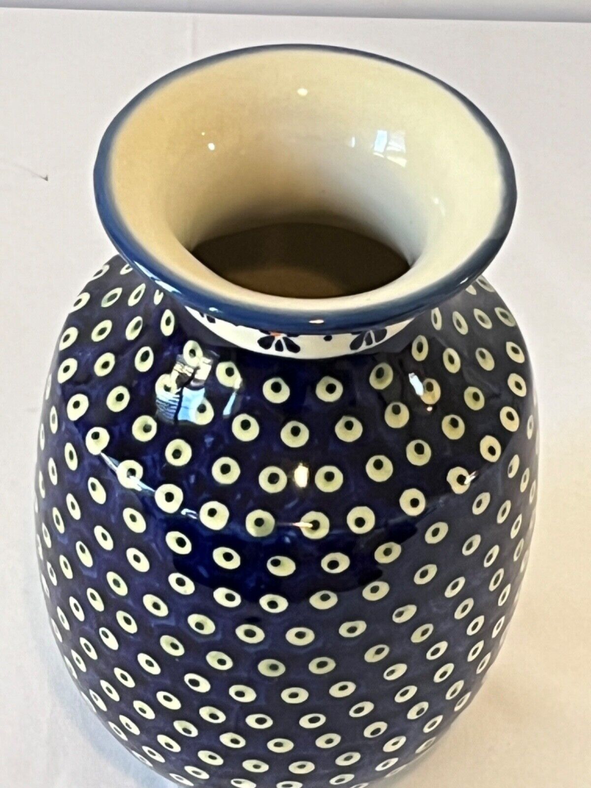 Boleslawiec Polish Pottery Vase Hand Painted Navy Blue Polka Dot 8.5” H, Signed