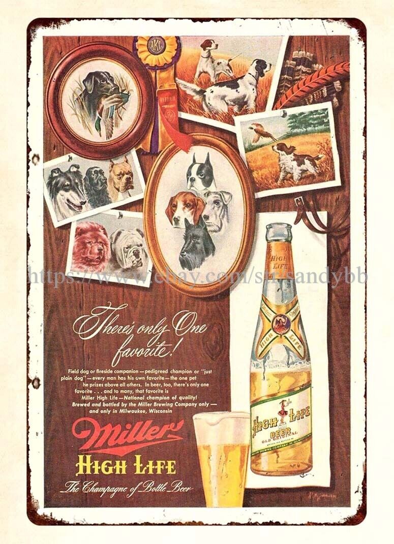 1951 Miller High Life beer Hunting Dogs Milwaukee WI metal tin sign garage wall