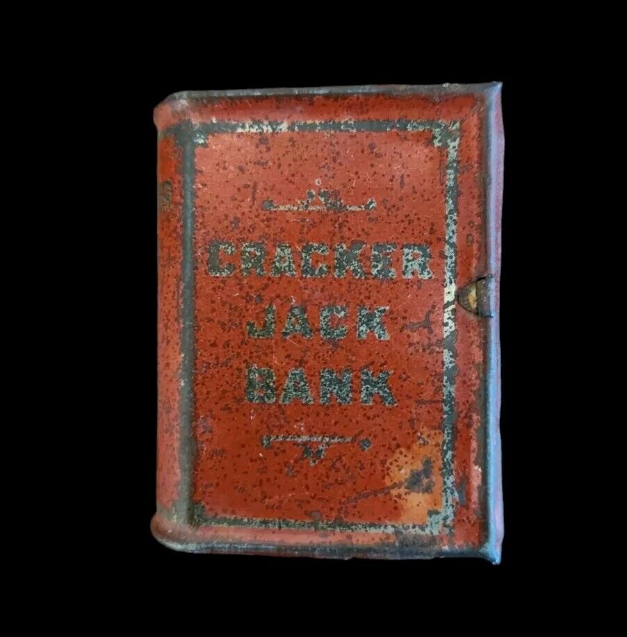 RARE 1920's CRACKER JACK BOOK BANK PRIZE TIN DIME COIN BANK RED