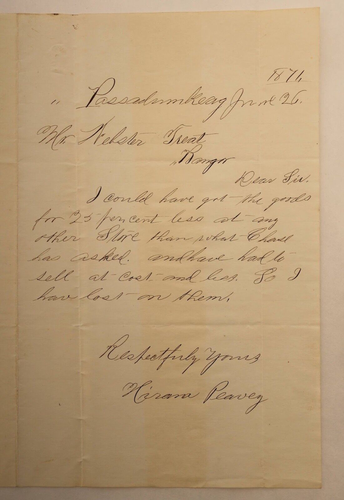 Antique Handwritten Letter, Passadumkeag ME; Hiram Peavey to Webster Treat, 1876