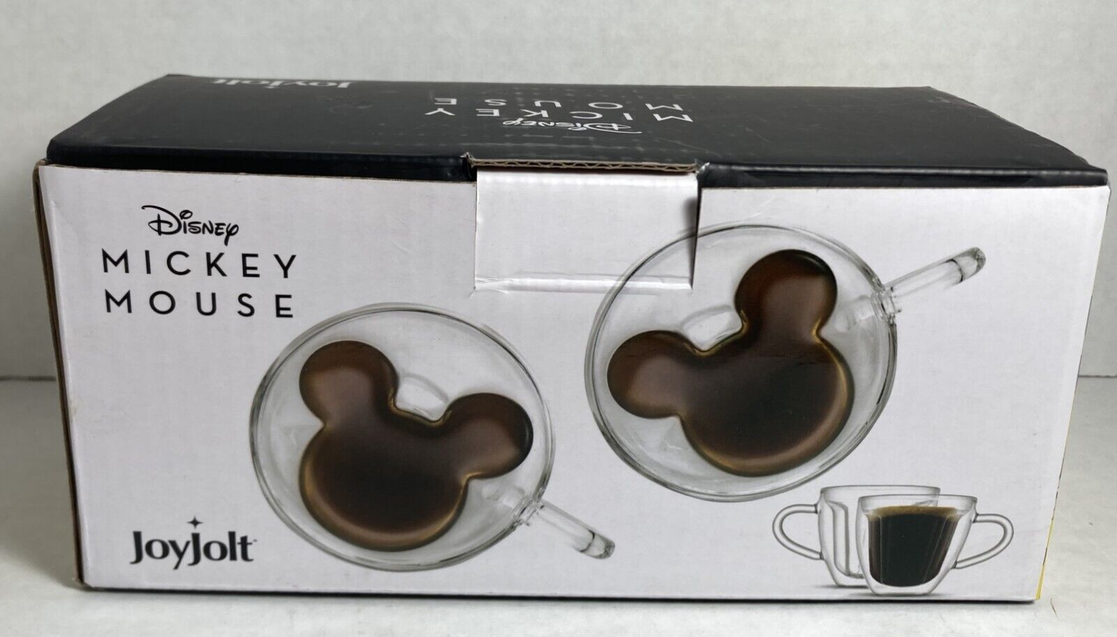 JoyJolt Disney Mickey Mouse 3D Espresso Cups 5.4oz. 2 Double Wall Glasses. New.