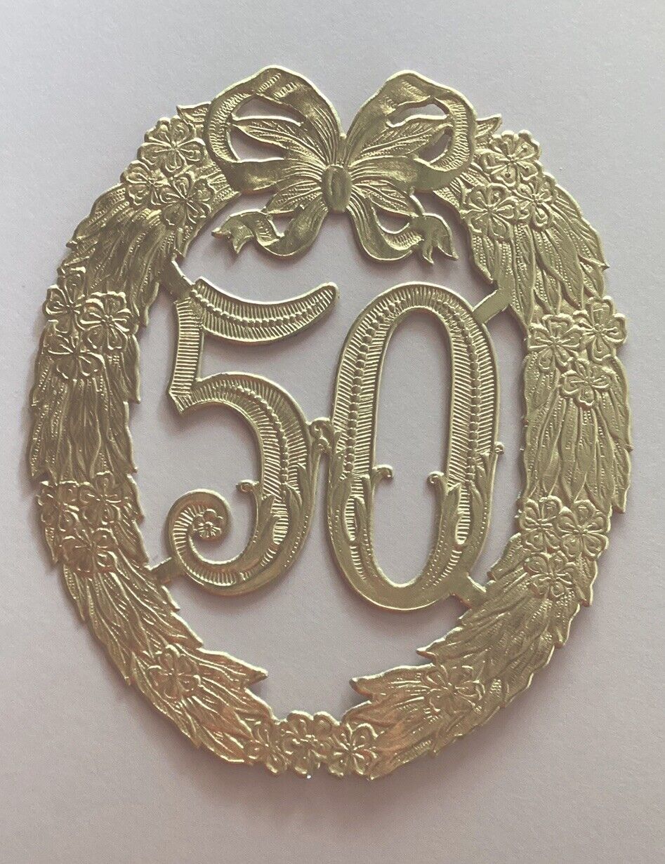 Vintage Gold Embossed 50 for wedding anniversary etc Paper 4”x4 1/2” Decoration