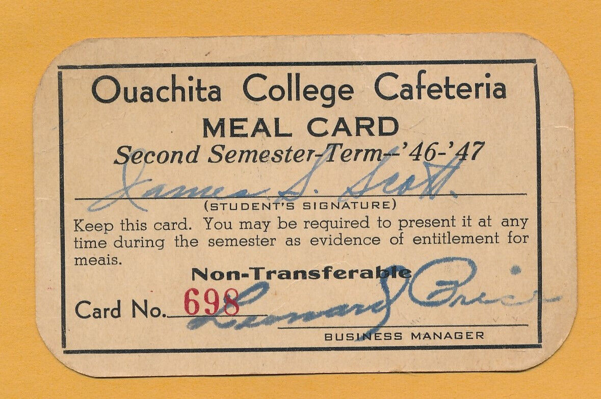 1946-47 OUACHITA COLLEGE CAFETERIA MEAL TICKET ARKADELPHIA ARKANSAS