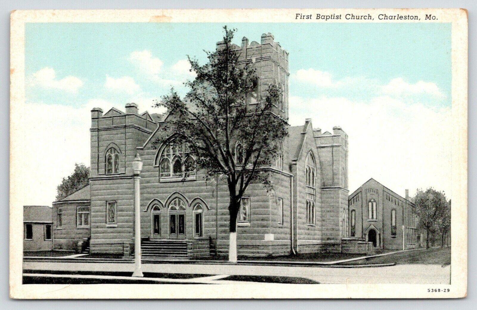 Charleston Missouri~First Baptist Church~1929 B&W Blue Sky Curteich Postcard