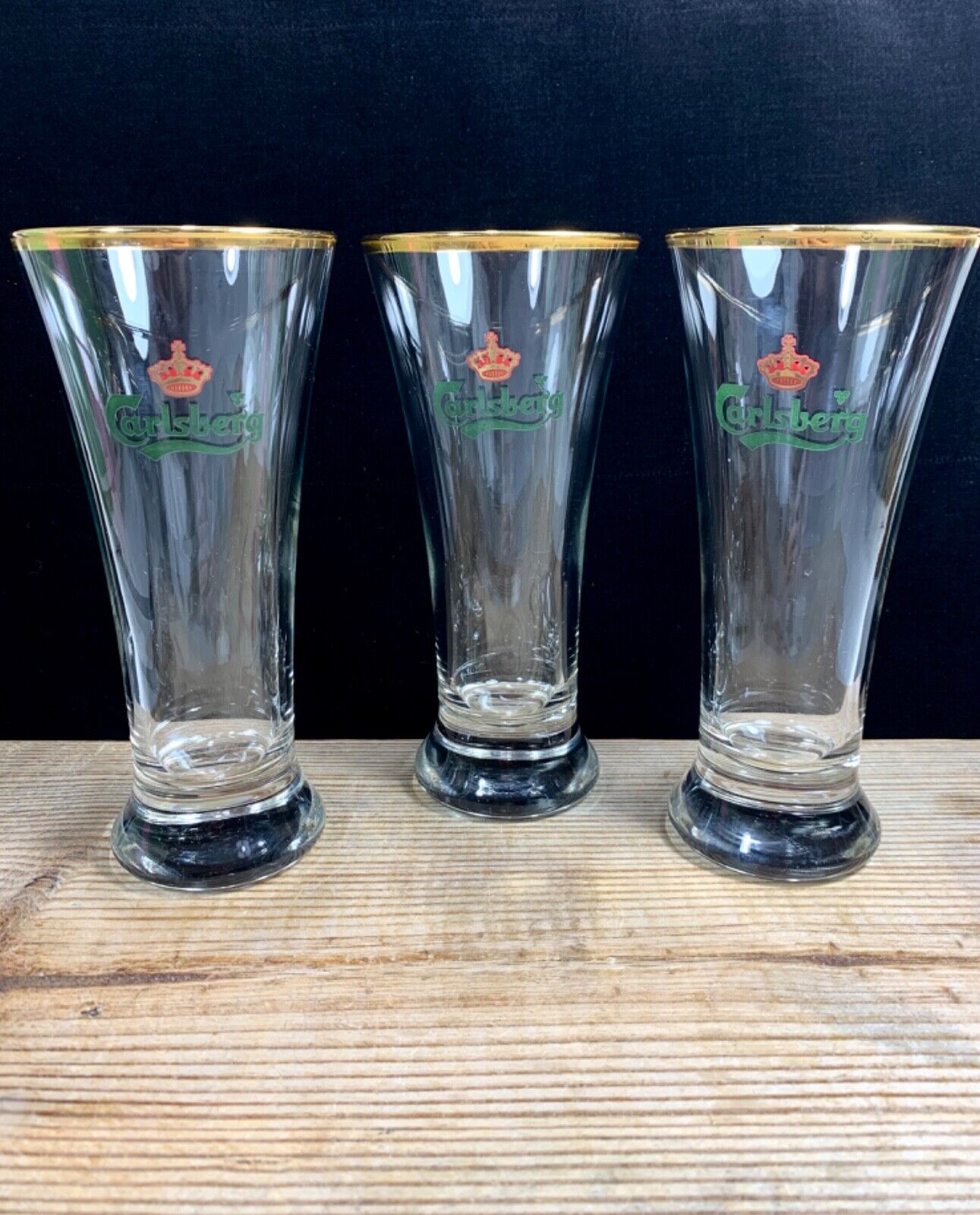 Set of 3 Carlsberg Beer Glasses Gold Rim 7” Tall Glass Denmark Pilsner Bar