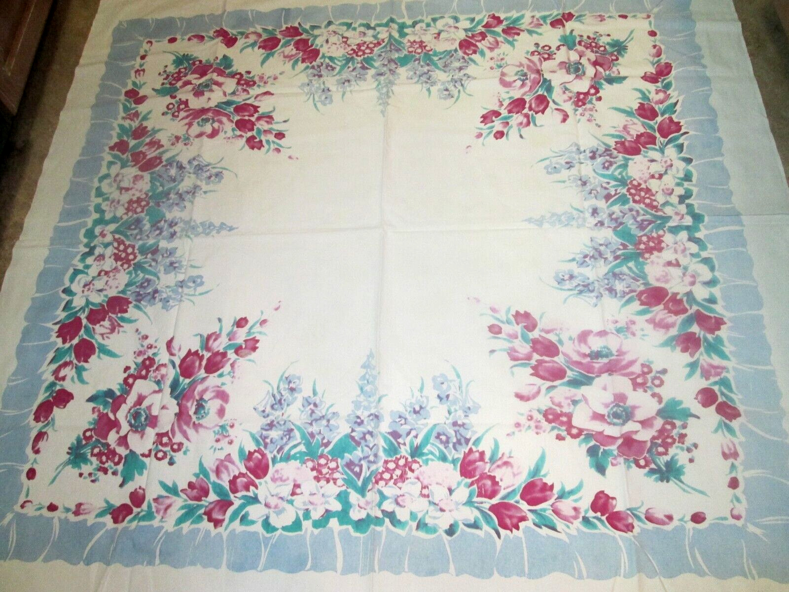 Vtg Cotton Flower Print Tablecloth Purple to Pink & Light Blue 49x52 Hollyhocks?