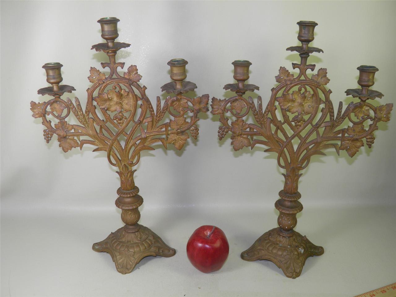 ANTIQUE BRONZE CANDLELABRA PAIR ORNATE THREE CANDLE HOLDERS GRAPES WHEAT