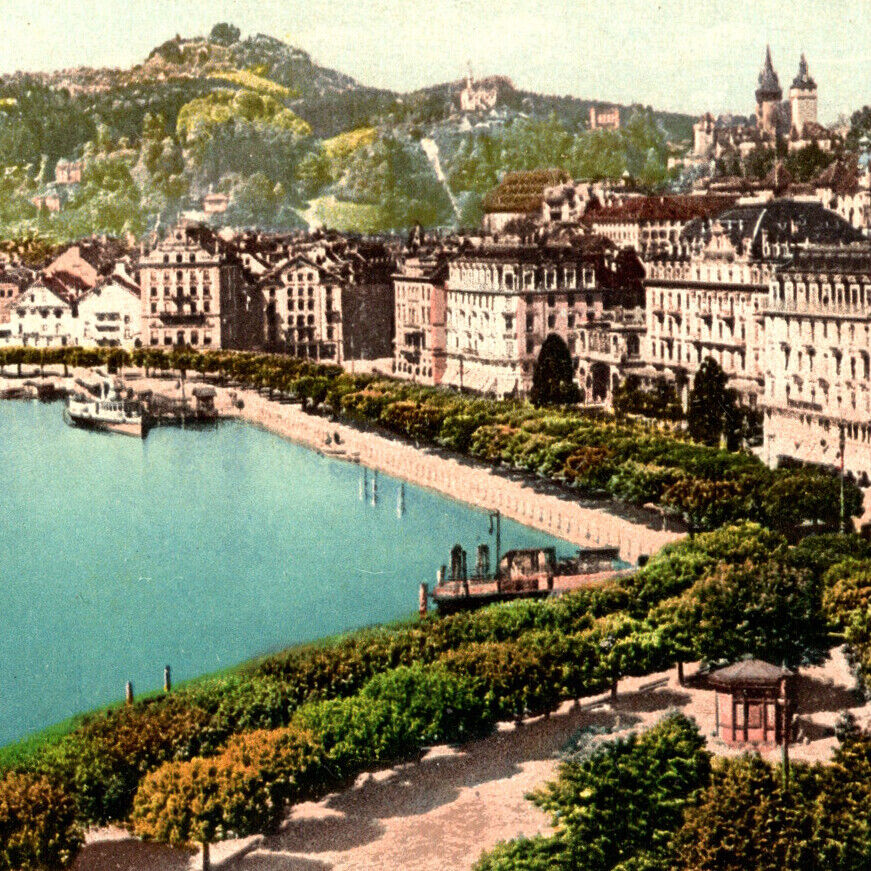 Antique 1902 Luzern Promenade Steamer Steamboat Bay Postcard Switzerland