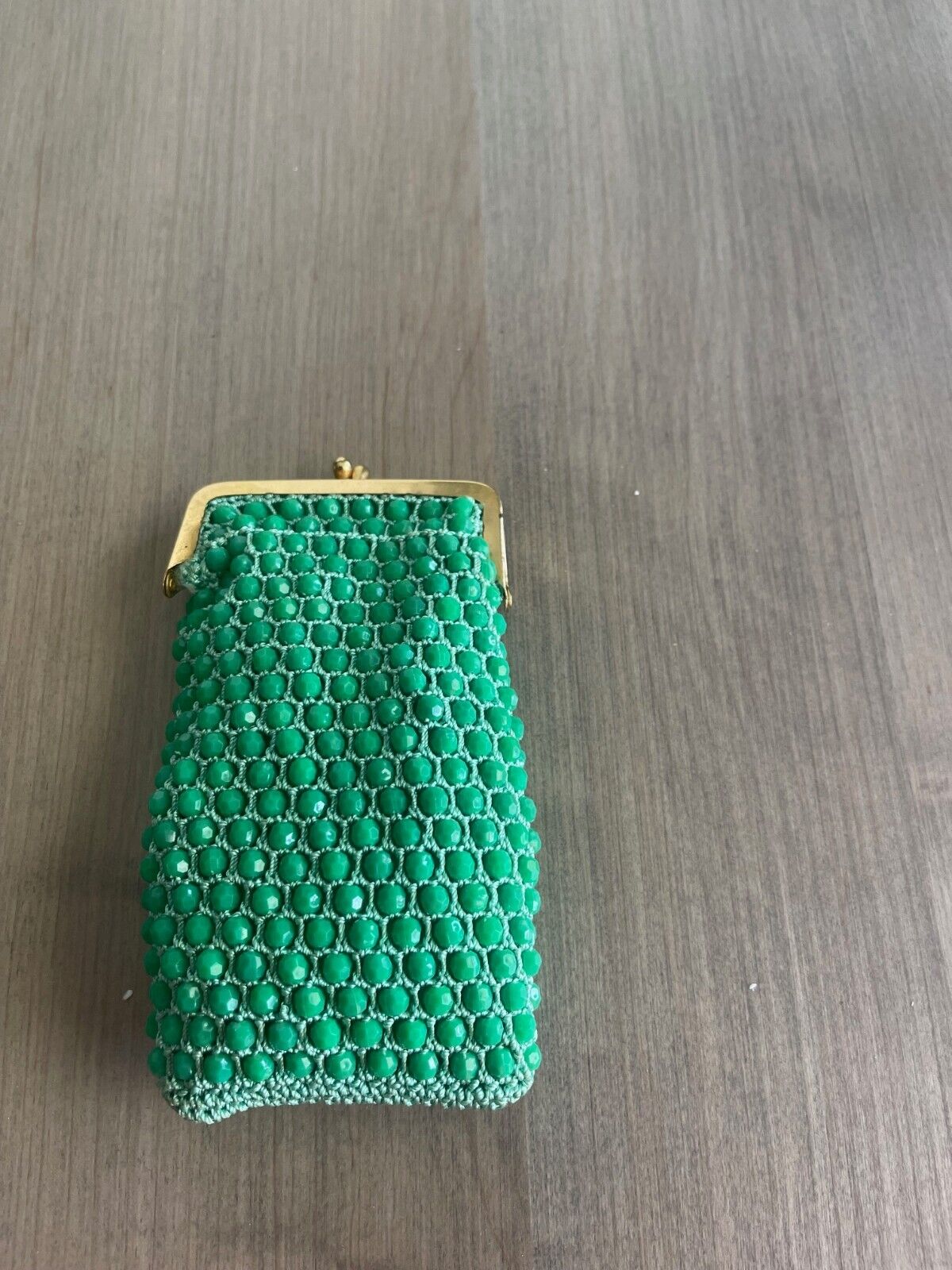 Vintage 1950-60s Cigarette Case Green Beaded Hand Crocheted ~Silk Lining