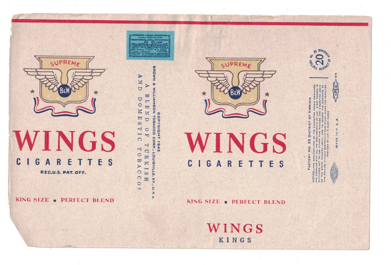 Wings Cigarette Packaging Label - Supreme Kings